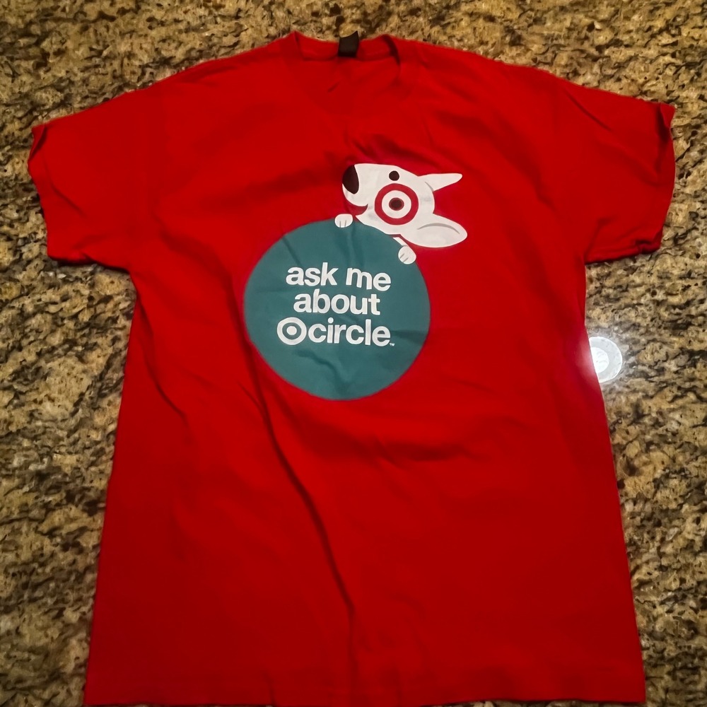 Target Employee Shirt Mens Medium Red Ask Me About Circle Bullseye Dog Mascot